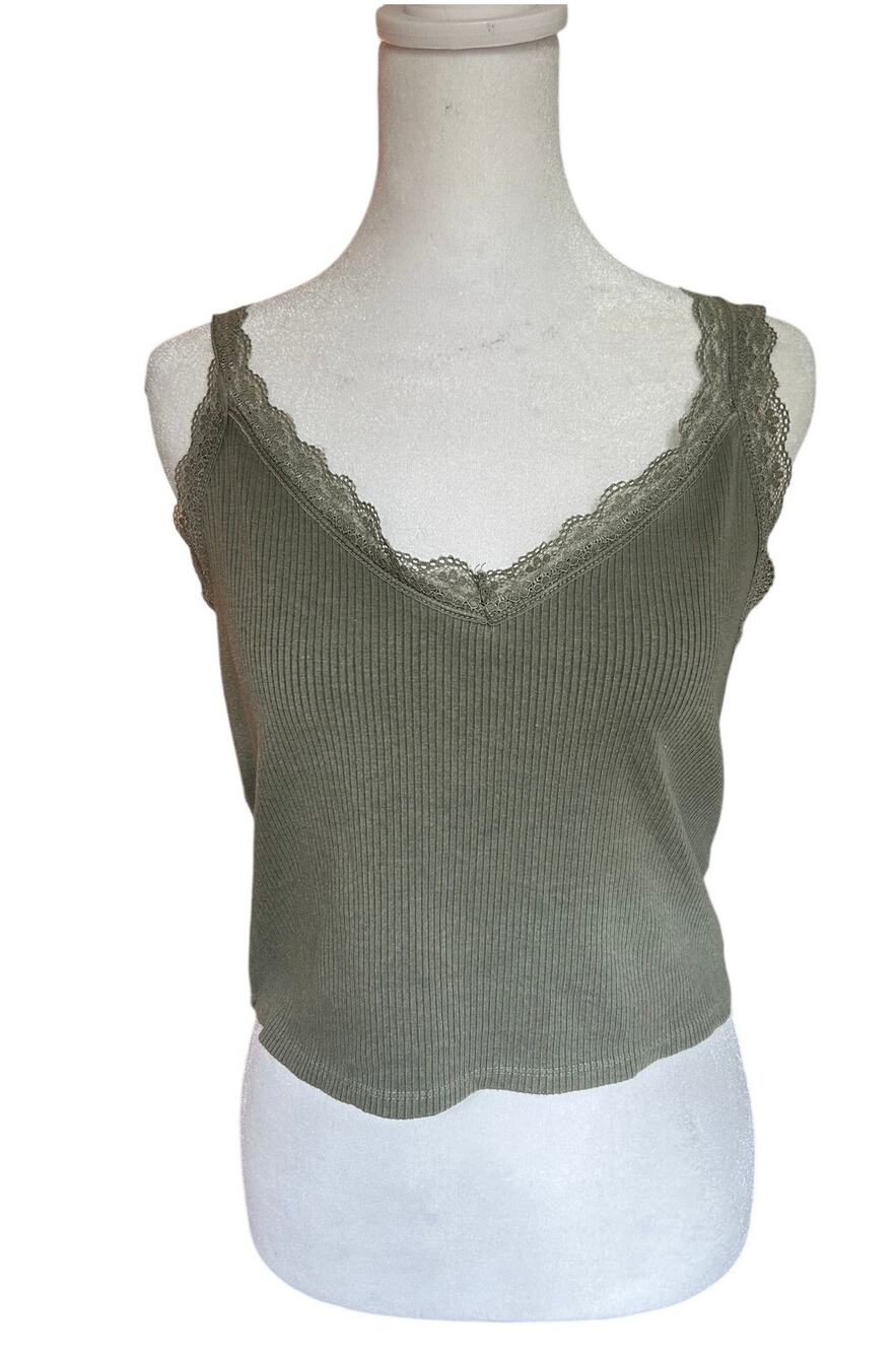 American Eagle Cropped V-Neck Lace Army Green Tank Top Size L